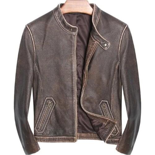 Brown Genuine Leather Jackets Men Vintage Business Casual Coat Brown Natural Real Leather Bomber Jacket campera de cuero hombre