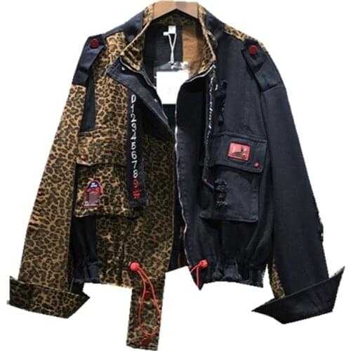 Leopard Print Patchwork Denim Jacket for girl Short Coat Pocket Sequins Fashion Jeans Jacket clothing Womens Loose SA029S50