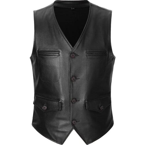 Mens Collarless Genuine Leather Motorcycle Biker Waistcoat/Vest Black Real Leather Thick Cowhide Sleeveless Jackets