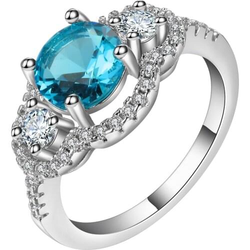 New Arrival Size 6-10 Silver-color Sky blue Crystal Pear Cut Jewelry Halo Wedding Finger Ring For Women Drop Shipping