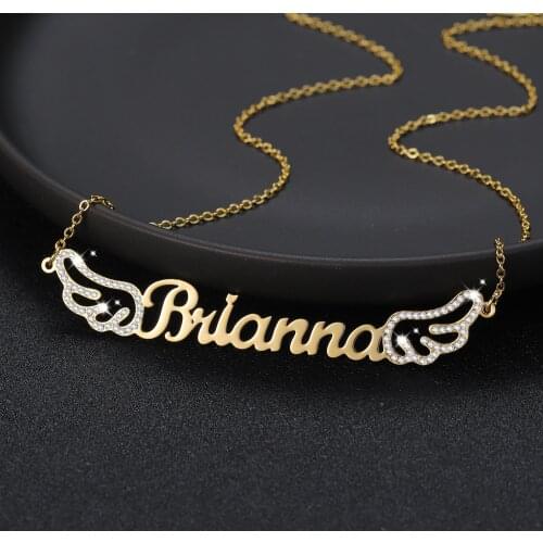 Angel Wings Name NecklacePersonalized Iced Out Customized Name Necklace Stainless Steel Jewelry Diamond Name Gifts for Women