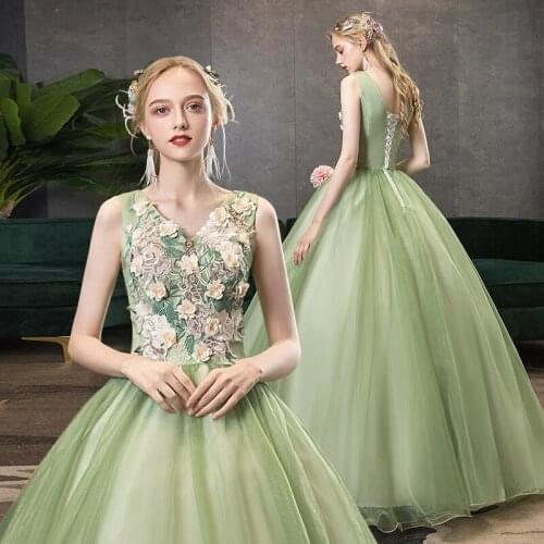 Green New Style Quinceanera Dresses Flower Appliques Party Prom Vintage Embroidery Floor-Length Summer Ball Gown