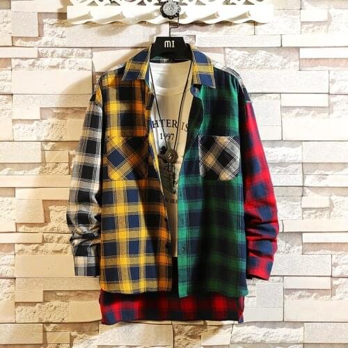 Hip Hop Loose Long-Sleeved Shirt 5Xl Autumn Personality Korean Style Trend of Color Matching Plaid Shirt Mens Casual
