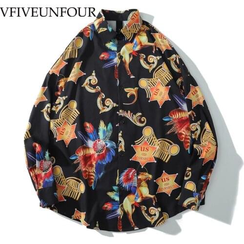 VFIVE UNFOUR New Arrivals Digital Print Long Sleeve Oversized Hawaiian Shirts Streetwear Harajuku Casual Beach Shirt Tropical