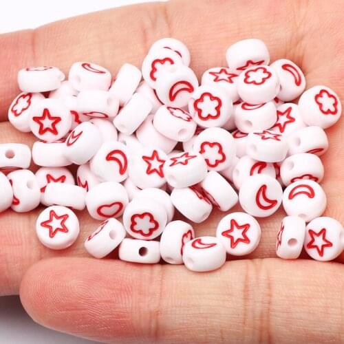 Mixed Red Star/Heart/Moon Pattern Round 4x7mm Loose Acrylic Beads for DIY Jewelry Making Charm Necklace Bracelet Accessories