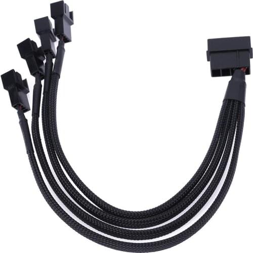 Black Sleeved 4pin IDE Molex to 4-Port 3Pin/4Pin Cooler Cooling Fan Splitter Power Cable