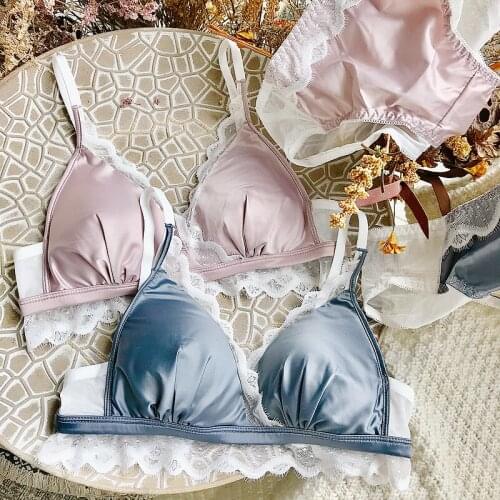 Sexy satin underwear womens gathered adjustment type bralette no steel ring bra set summer thin triangle cup seamless lingerie