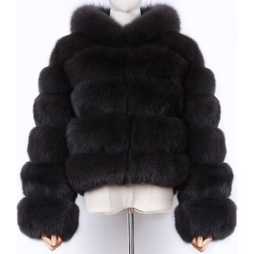 YOLOAgain Winter Warm Women Hooded Real Fox Fur Jacket Coat 5 Strip