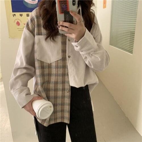 Shirts Women Long Sleeve Patchwork Shirt Hipster Casual Korean Style Students High Street Spring Mujer Ropa Vintage Cozy Blouses