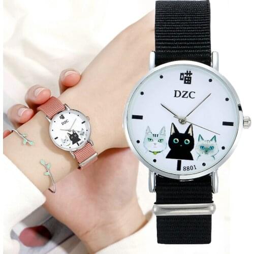 Female Gift Quartz Wristwatches Relogio Feminino Top Brand Luxury Ladies Watches Cartoon Cat Girls Clock Nylon Strap Women Watch