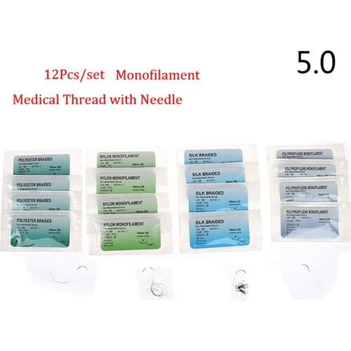 12Pc 5.0 Medical Needle Suture Nylon/Polypropylene/Polyester fiber/Silk Monofilament Suture Medical Thread Surgical Practice Kit