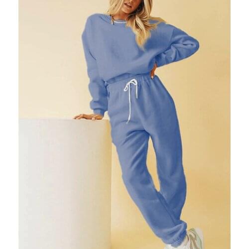 2021 2 Pcs Harem Suit Women Casual Solid O Neck Full Sleeve Sweatshirts Pullover Hoodies Loose Pants Suit Home Trousers Outfits