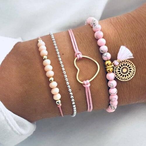 4 Pcs/Set Multilayer Bohemian Handmade Pink Crystal Beads Bracelets for Women Vintage Fashion Heart Tassel Bracelet Jewelry Gift
