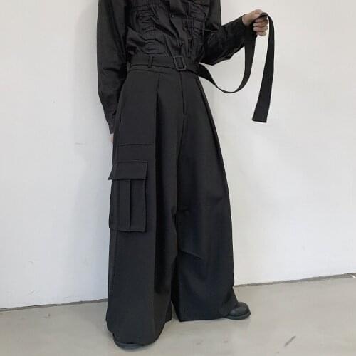 Men Japan Loose Casual Wide Leg Cargo Pants Male Streetwear Hip Hop Punk Gothic Harem Belt Trousers Kimono Straight Skirt Pants