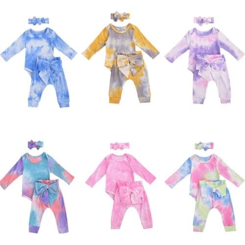 3Pcs Toddler Baby Boys Girls Homewear Tie-dye Long Sleeve Casual Rompers+Big Bow Pants+Headband Newborn Spring Autumn Set