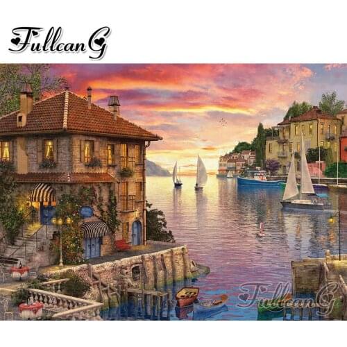 FULLCANG Mediterranean Harbor diy 5d mosaic diamond painting full square round drill rhinestone embroidery sale landscape FC3169