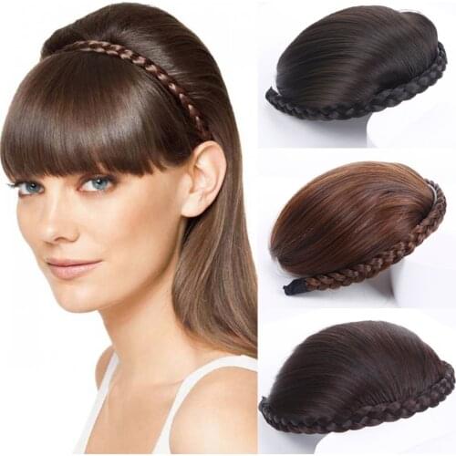 Girls Headband Hair Bangs Neat Fringe Hair Extensions Synthetic Hair Accessories Braided Hairband Forehead Bangs with Headband