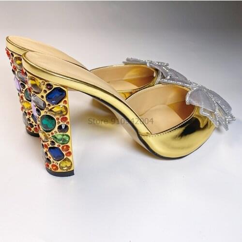 Luxury Lace Bowtie Party Shoes Coloured Diamond Square Heel Open Toes Rhinestone Heel Summer Slippers Women Butterfy Sandal
