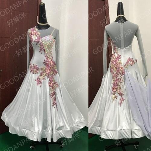 GOODANPAR Long Sleeve pearl lycra mesh Women Ballroom Dance Competition Dress with bodysuit Bra cups Trimming lace Waltz Dress