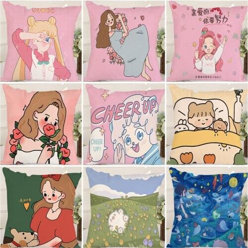 Cartoon beautiful anime girl animal warm flowers pillowcase cushion cover sofa car home bedroom decoration