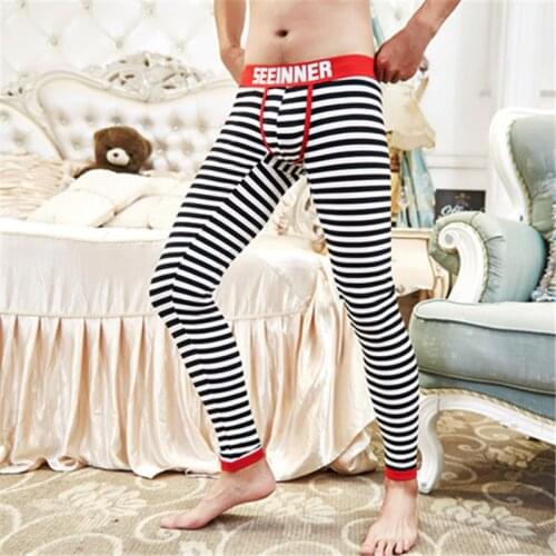 Cotton & Spandex Mens Thermal Underwear Sexy U-Convex Strips Fashion Long Johns Sleepwear Leggings Men Stretch & Tight Trousers