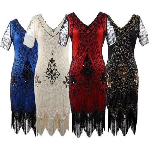1920s Sequin Paisley Pattern Short Sleeve Racer Back Red Flapper Black Gold Dress Womens Sexy Fringe Great Gatsby Party Dresses