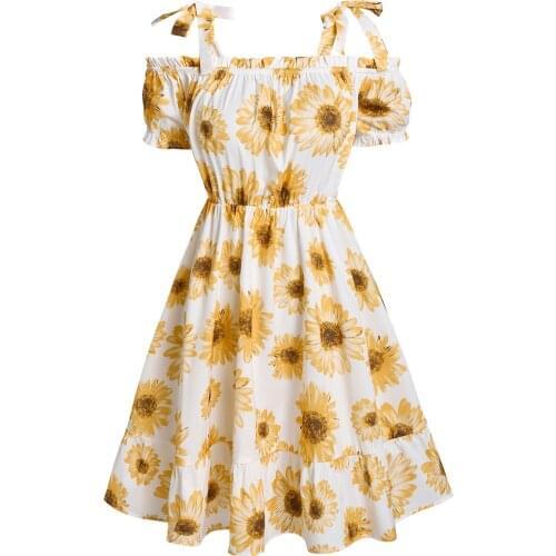 Wipalo Casual Boho Dress Women Plus Size 3XL Cold Shoulder Self Tie Sunflower Print Dress Square Neck Fashion Party Vestidos