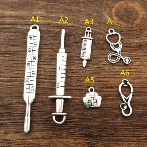 10pcs Medicine Charms Syringe Charms Pendants Jewelry Making Stethoscope Medical package Charms Antique Silver Color