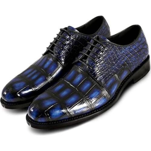 Sipriks Navy Blue Mens Crocodile Slin Dress Derby Shoes Authentic Alligator Skin Hand Painted Gentleman Goodyear Welted Shoes