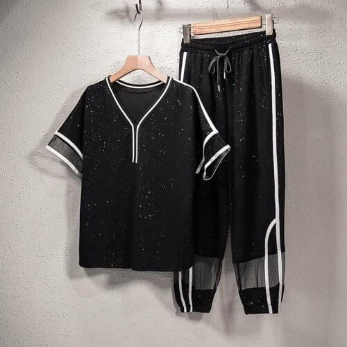 Ladies two-piece suit 2021 summer plus size womens casual western style loose and thin mesh stitching two-piece trousers suit