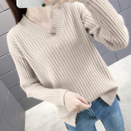 ZG1375 2020 spring and autumn new women fashion pure color loose V collar knit pullover sweater cheap wholesale
