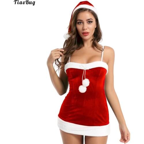 TiaoBug Women Soft Velvet Adjustable Shoulder Strap White Flannel Trim Mini Dress With Hat Beauty Santa Christmas Fancy Costume