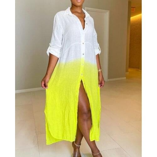 Female Ladies Casual Loose Shirt Dress Gradient Color Long Sleeve Single Breated Split Vestidos Women Lapel Tops Autumn Spring