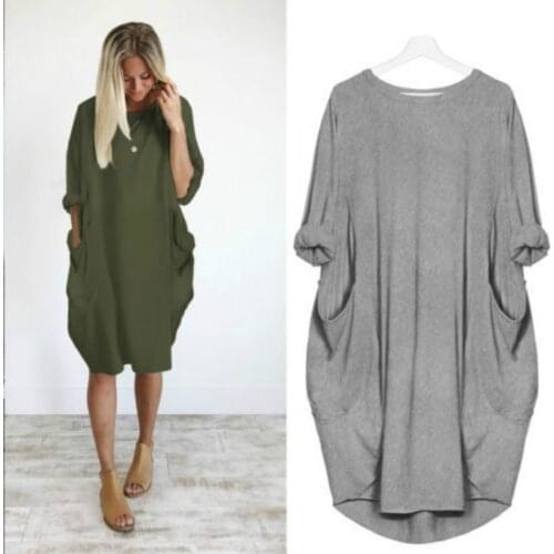 S-5XL Summer Loose Pocket Midi Dress Women Basic Design Round Neck Casual Baggy Long Tops Dress Plus Size