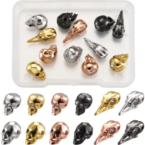 12pcs/box Halloween Brass Micro Pave Cubic Zirconia Beads Mixed Color Skull Head Beads for DIY Bracelet Necklace Jewelry Making