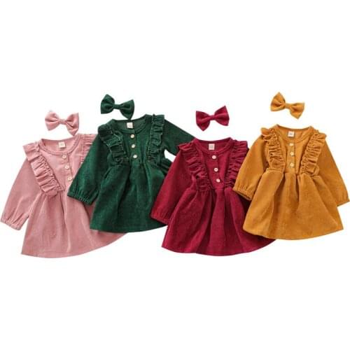 Toddler Baby Girl Dresses Fall Winter Clothes Solid Long Sleeve Corduroy Ruffle Button Dress Bow Hair Clip 2PCS Outfits Clothing