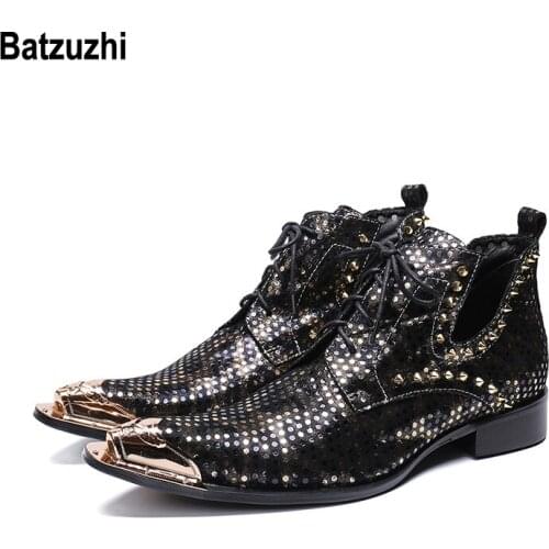 Batzuzhi Italy Type Men Shoes Fashion Black Leather Boots Men Pointed Metal Tip Lace-up with Rivets botas hombre Party Boots Man