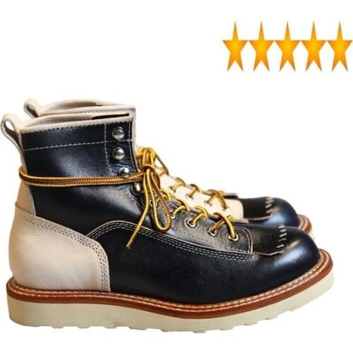 Genuine New Japanese Retro Patchwork Round Toe Lace Up Motorcycle Ankle Boots Casual Men Leather Shoes