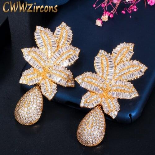 CWWZircons Gorgeous Full Cubic Zirconia Paved Long Big Statement Dubai 18k Gold African Nigerian Bridal Wedding Earrings CZ647