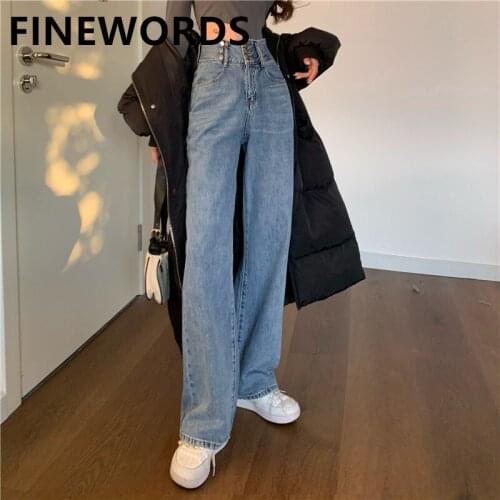 FINEWORDS 2021 Spring 3 Button High Waist Jeans Women Korean Streetwear Casual Straight Jeans Vintage Denim Loose Wide Leg Jeans