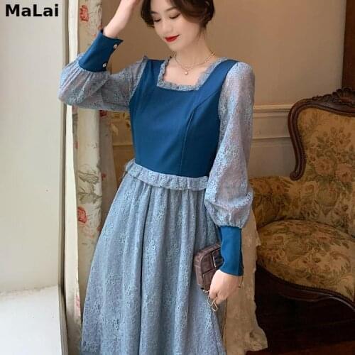 French Elegant Dress Women Fairy Vintage Lace Puff Sleeve Large Swing Party Dress Korean Autumn New 2021 Female One Piece Dress