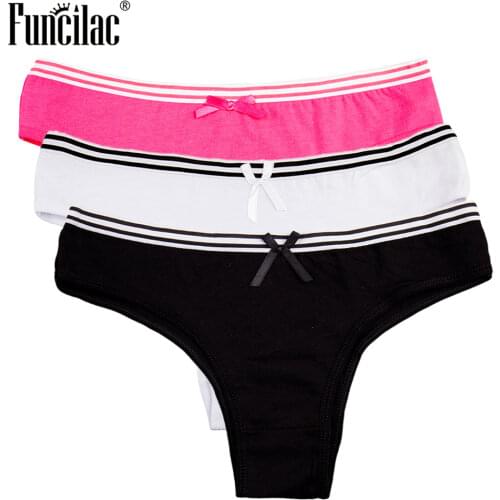 FUNCILAC Brand Underwear Women Sexy Striped Panty Girls Cotton Briefs Simple Solid Shorts Soft Breathable Female Intimates3pcs