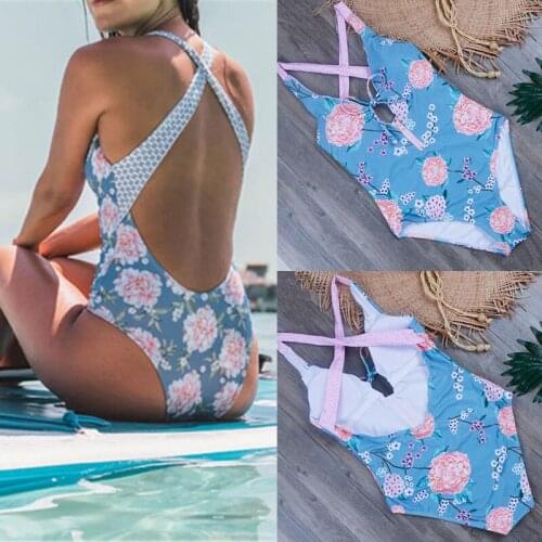 Deep V Plus Size Swimwear Backless One Pice Swimsuit Swimming Suit Women Beach Wear Floral Monokini Halter Sexy Bikinis 2020 NEW