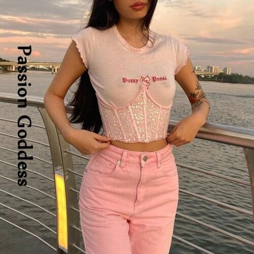 Summer Cute Women Girls Sequined Corset T-shirt Letter Embroidery Crop Shirt Top with Mermaid Pink Back Zipper Corsets Outfits