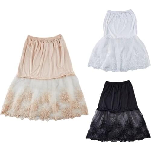 Fashion Women Solid Color Elastic Waist Layered Tiered Sheer Lace Trim Extender A-Line Half Slip Mini Skirt Clothes