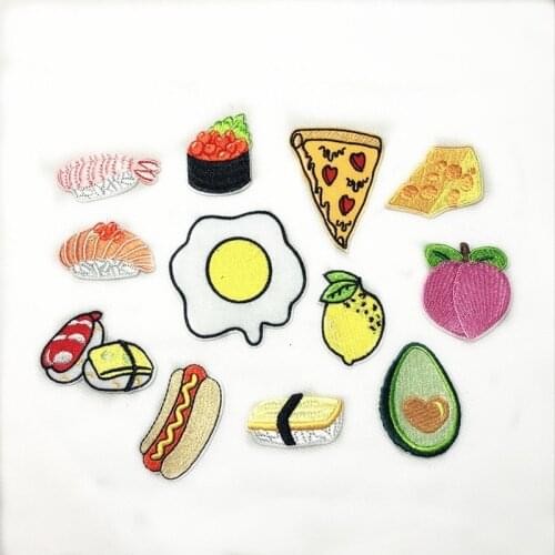 New Poached Egg Sushi Hot Dog Pizza Fruit Avocado Embroidery Honey Peach Patches for Clothing Iron Kids Clothes Appliques Badge