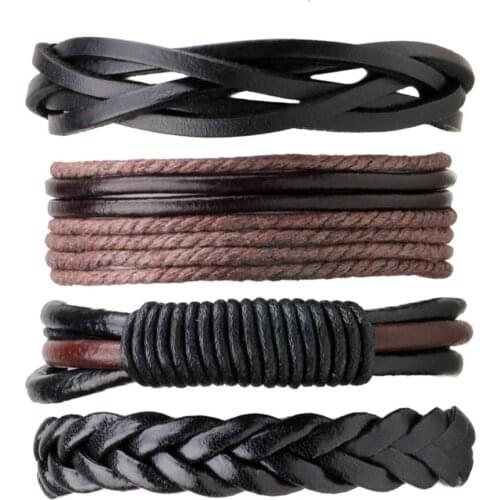 New 4PCS/PACK Punk Style Vintage Handmade PU Leather Braided DIY Men Black Brown Casual Bracelets Fashion Jewelry Accessories