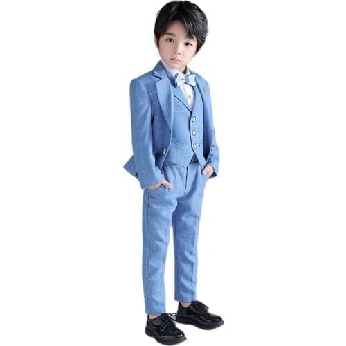 2021 Boys Formal Wedding Suit Kids Jacket+Vest+Pants+Bowtie 4Pcs Clothing Set Gentleman Childrens Day Performance Dress Costume