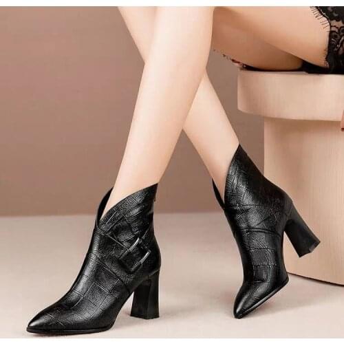 Sexy Women Boots 2020 Autumn and Winter V-Neck High Heels Ankle Shoes Boots Leather Booties Woman Wedding Party Shoes