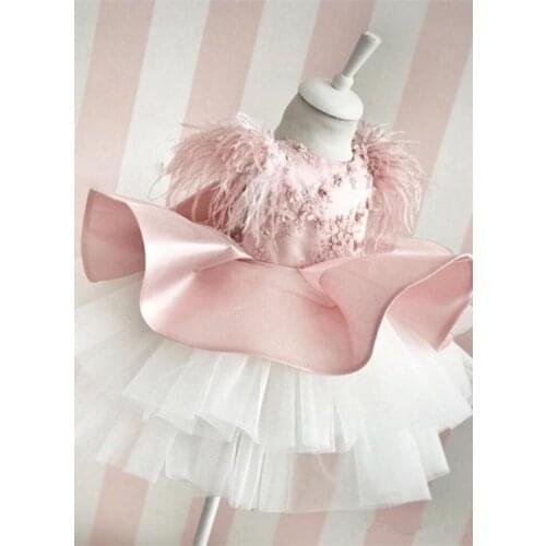 Pink Baby Girls Christening Dresses Lace Feather Cap Sleeve Tutu Girls Birthday Dresses Child Pageant Dress